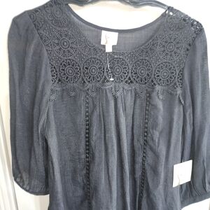 Fig and Flower Black Crochet Detail Blouse